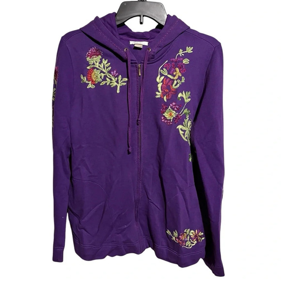 Sara Studio Embroidered Floral Purple Full Zip Sweatshirt Size Large - Picture 1 of 11